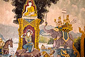 Chiang Mai - Wat Phra That Doi Suthep. The walls of the gallery are covered with Buddha statues and mural paintings of Jataka. The battle of Mara.